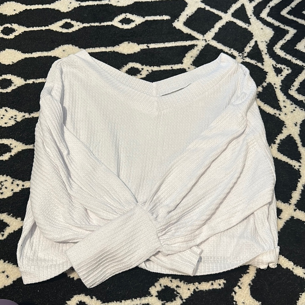 White off-shoulder knit long sleeve top